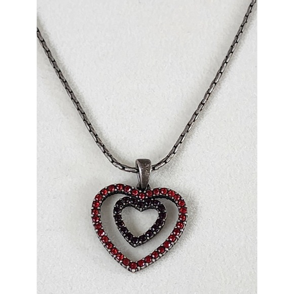 Monet Jewelry - Vtg MONET Signed Red Rhinestone Heart & Silver Tone Unique Pebble Chain Necklace